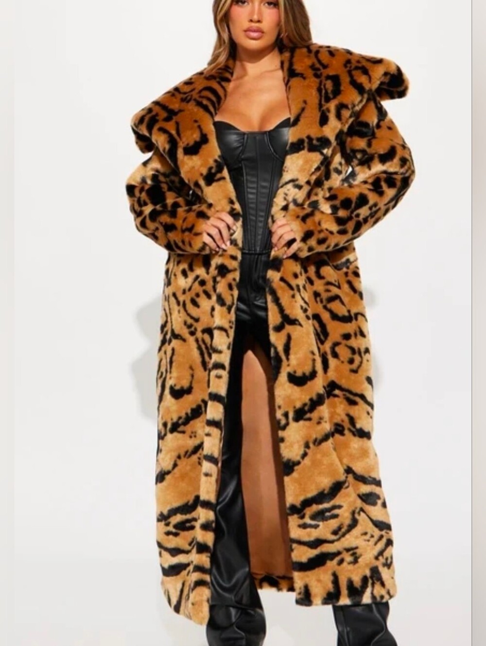 Faux Fur Leopard Print Long Coat - Camel/Black Sz M
